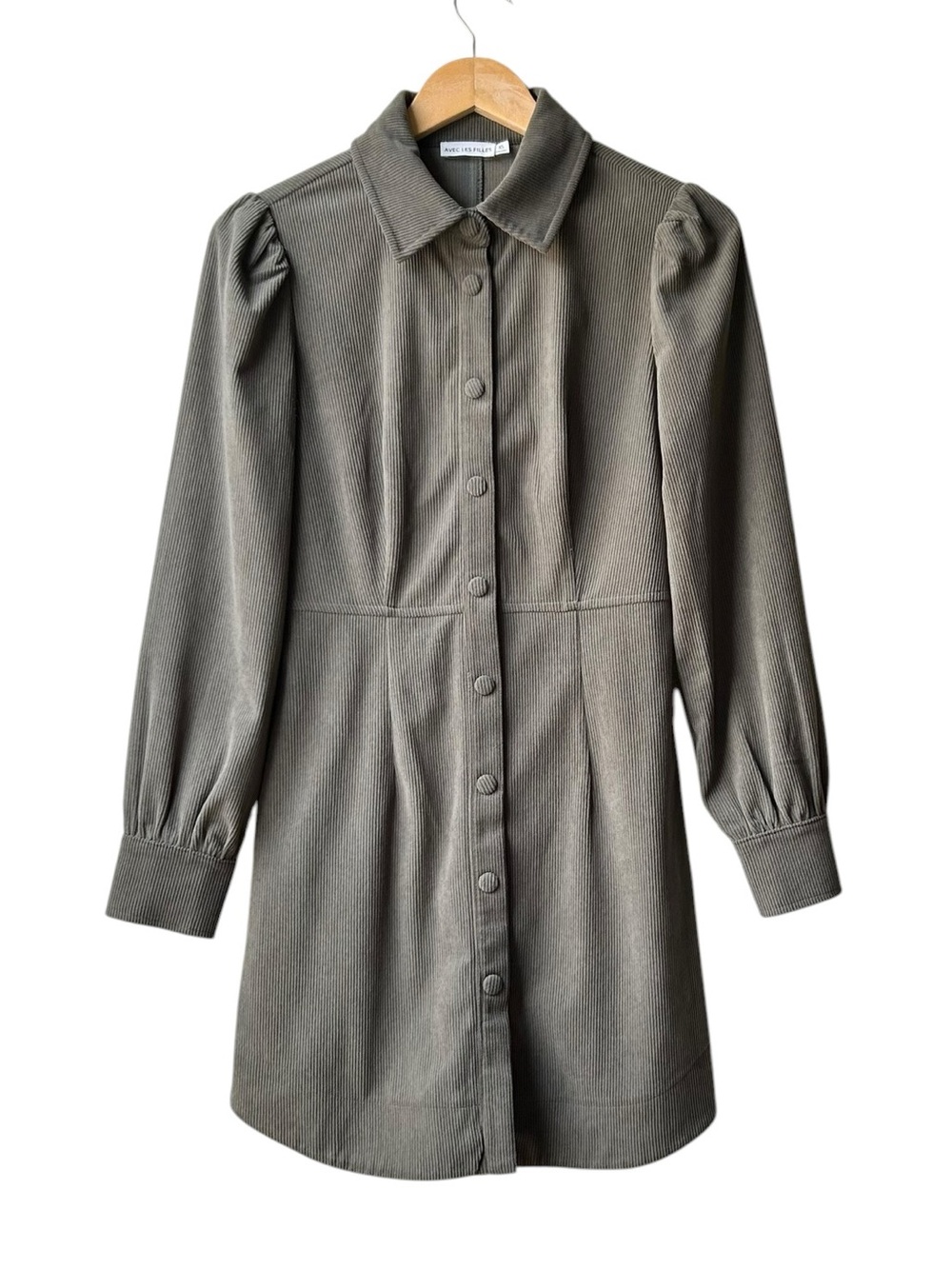 Avec Les Filles Olive Green Mini Dress Button Front Collared Puff Sleeve Sz XS - Picture 3 of 13